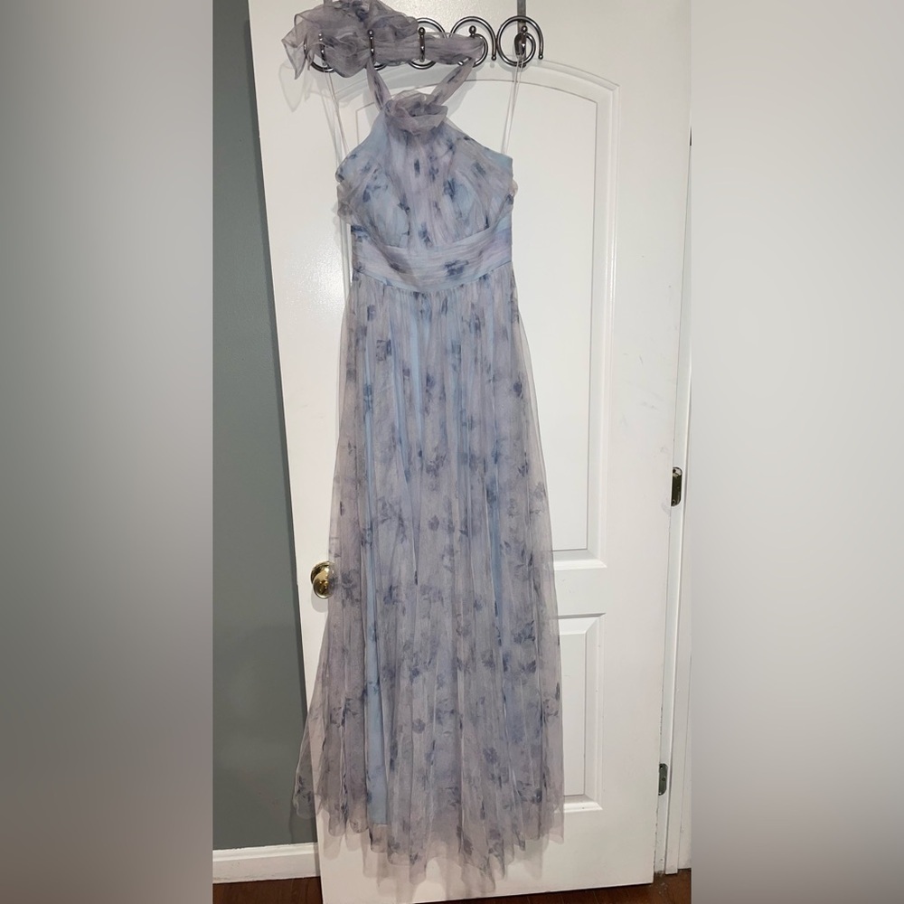 New! Dessy Collection Floral Tie-Back Halter Tulle Dress  & Rosette Mist Garden🩵 - Picture 5 of 10